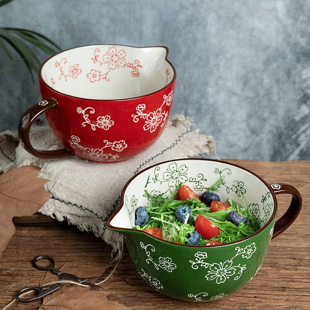 Gaolinci Cherry Blossom Pattern Kitchen Ceramic Mixing Bowl, 1 Quart Large Bowl, with Pouring Spout and Handle