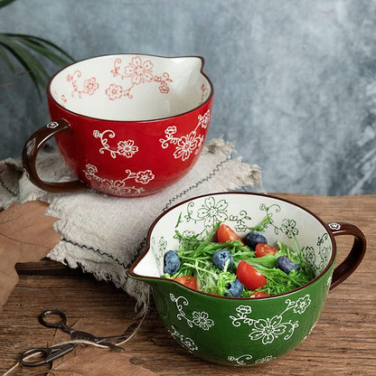 Gaolinci Cherry Blossom Pattern Kitchen Ceramic Mixing Bowl, 1 Quart Large Bowl, with Pouring Spout and Handle
