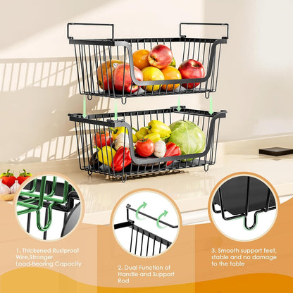 4 Pack Stackable Wire Baskets with Handles for Pantry Organizers and Storage, Fruit and Vegetable wire storage baskets, Potato and Onion Storage Bin, Metal Baskets for Organizing Snacks, Cans (White)