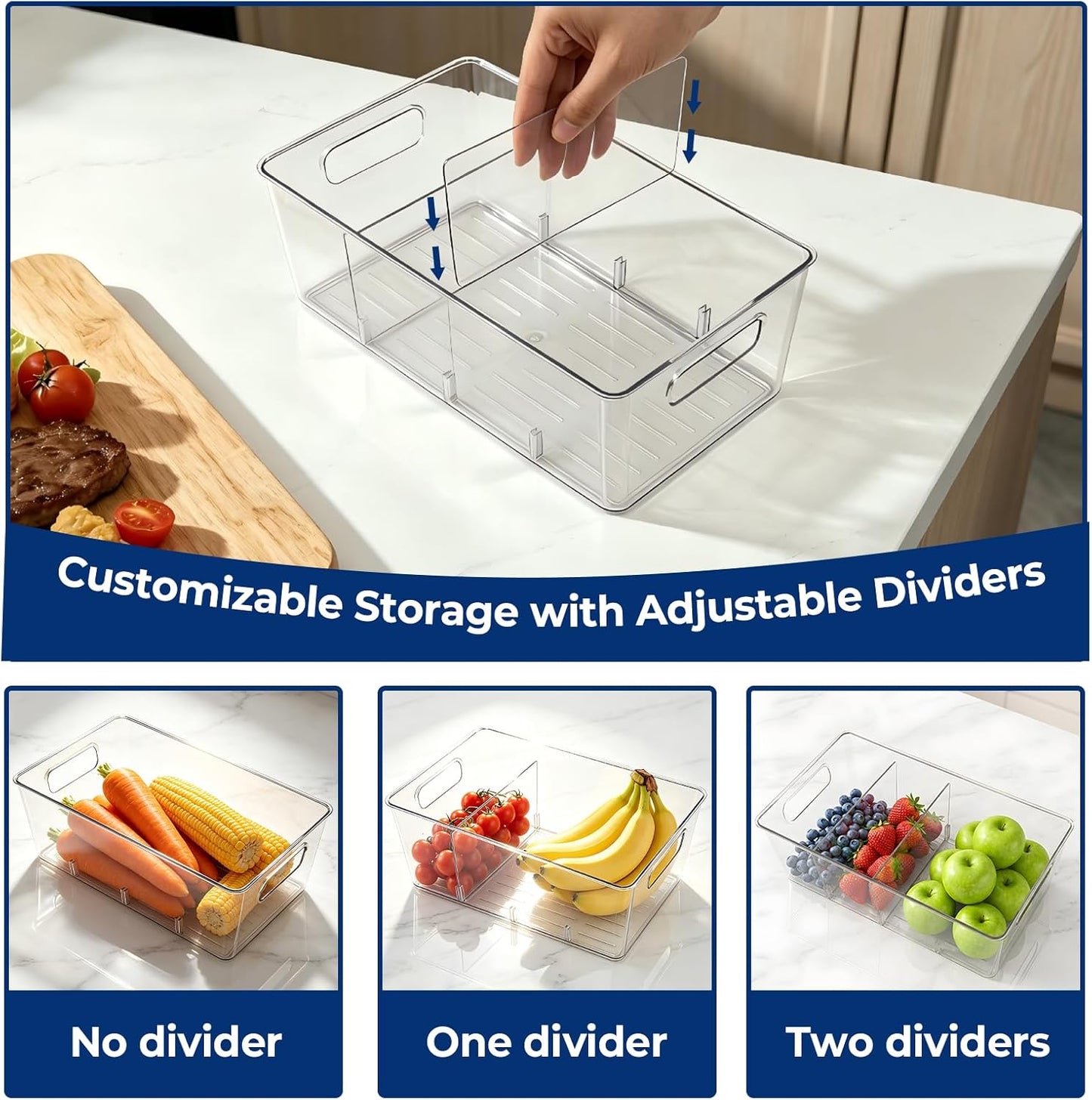 8 Pack Pantry Organizers and Storage, Food Storage Containers with 3 Removable Divider for Kitchen, Fridge, Cabinet Organization, Clear Plastic Storage Bins for Snacks, Spice Packets, Packets, Pouches