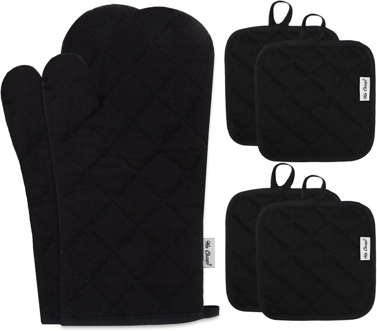 Oven Mitts and Pot Holders Sets,6 Pcs Oven Mitts and Potholders with Recycled Cotton High Heat Resistant Extra Thick Long Oven Mitts for Cooking(Black)