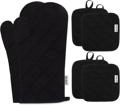 Oven Mitts and Pot Holders Sets,6 Pcs Oven Mitts and Potholders with Recycled Cotton High Heat Resistant Extra Thick Long Oven Mitts for Cooking(Black)