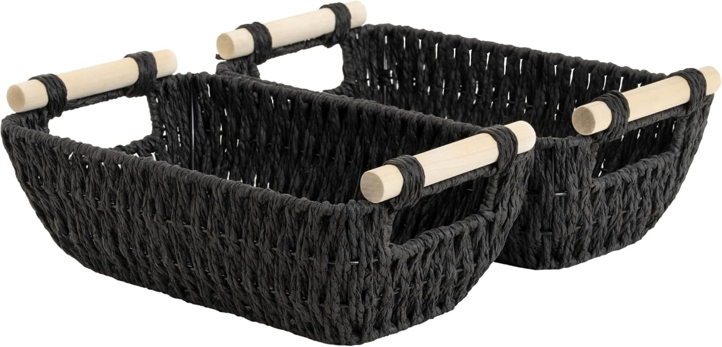 StorageWorks Hand-Woven Storage Baskets with Wooden Handles, Water Hyacinth Wicker Baskets for Organizing, 2 Pack