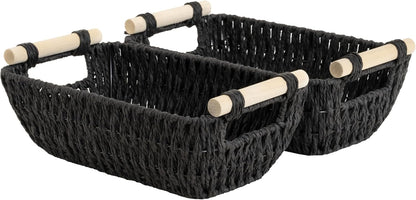 StorageWorks Hand-Woven Storage Baskets with Wooden Handles, Water Hyacinth Wicker Baskets for Organizing, 2 Pack