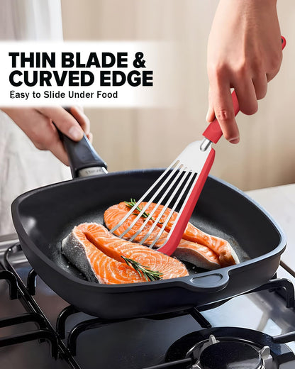 Fish Spatula Turner, Thin Slotted Spatulas for Nonstick Cookware,Silicone Edge Heat Resistant Kitchen Flipper for Fish, Egg, Pancake(Stainless Steel, 2Pack)