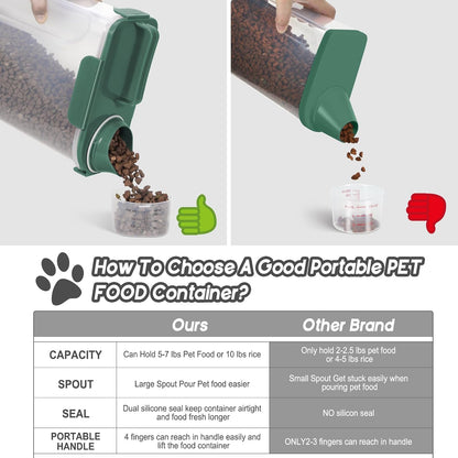 LEAWALK 5-7Lbs Cat Dog Storage Container, Portable Pet Food Containers with Upgraded Large Spout and Cup, Small Animal Kibble Dispenser for Bird Seed, Oatmeal, Rice, Flour, Brown Sugart-Dark Green