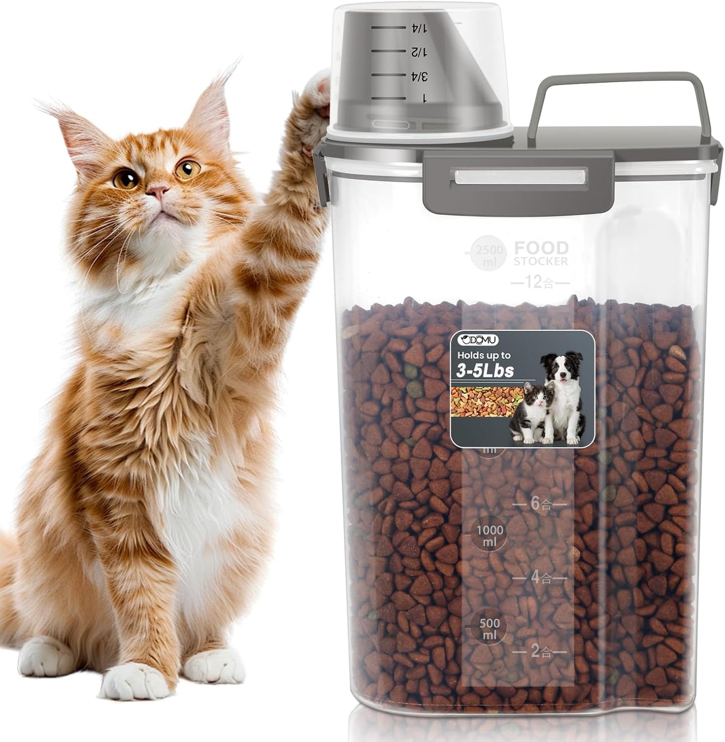 Dog Cat Food Storage Container, Pet Food Pourable Container Airtight with Large Spout & Cup, BPA-Free Plastic Food Dispenser for Pet Food, Bird Seed, Rice, Flour (Dark Gray, 2.5L)