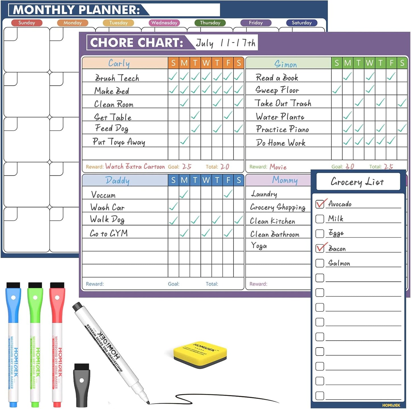 Magnetic Meal Planner Menu Board: Reusable Dry Erase Family Planning Board with Grocery List & Fridge Freezer Inventory List for Refrigerator, Dry Erase Markers and Eraser Included - 14x11 Inches