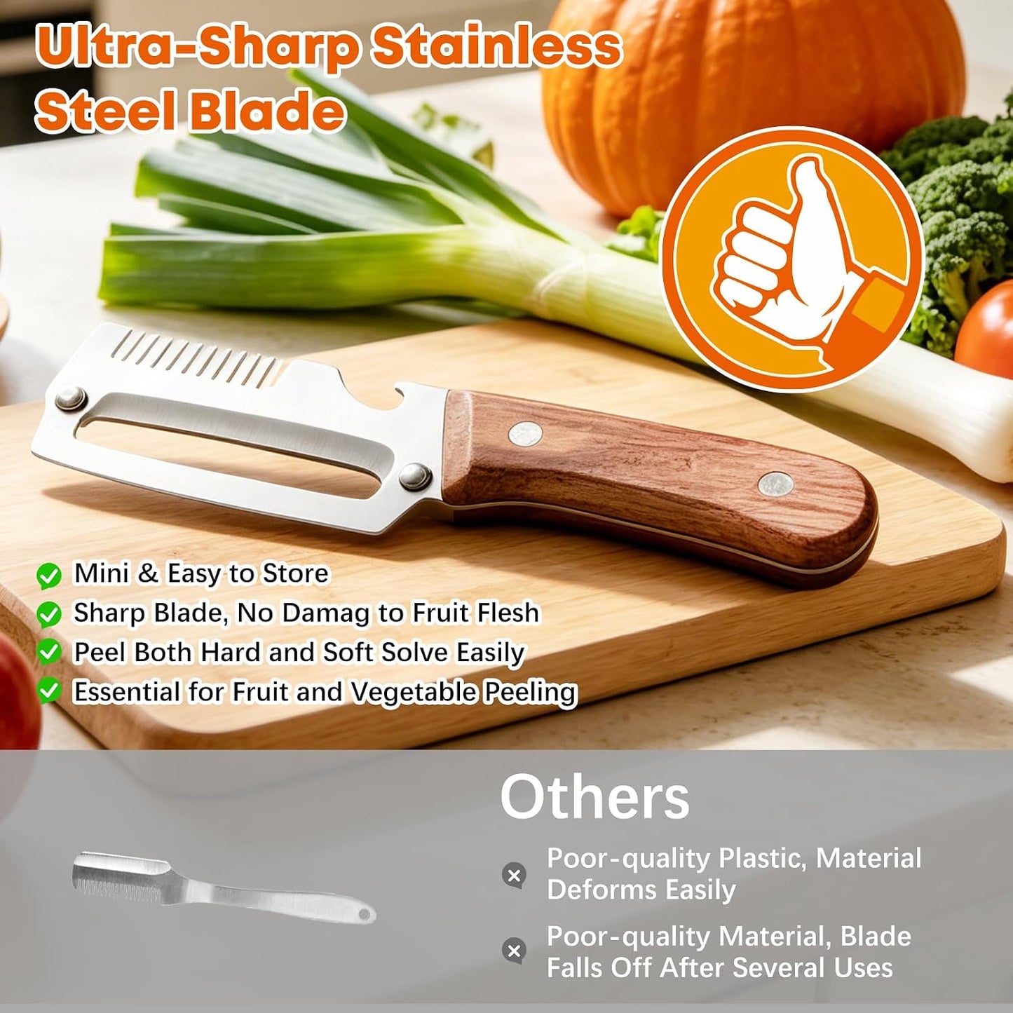 Left & Right Hand Vegetable Peeler Set with Scallion Slicer & Bottle Opener, Thickened Stainless Steel Wide Blade for Smooth Peeling, Wooden Handle Kitchen Peeler for Fruits & Vegetables