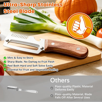 Left & Right Hand Vegetable Peeler Set with Scallion Slicer & Bottle Opener, Thickened Stainless Steel Wide Blade for Smooth Peeling, Wooden Handle Kitchen Peeler for Fruits & Vegetables