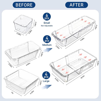 15-Piece Expandable Drawer Organizer Set, Clear 2-Size Bins | 15-piece set, clear expandable bins, 2 sizes, for makeup, vanity, desk and kitchen drawers