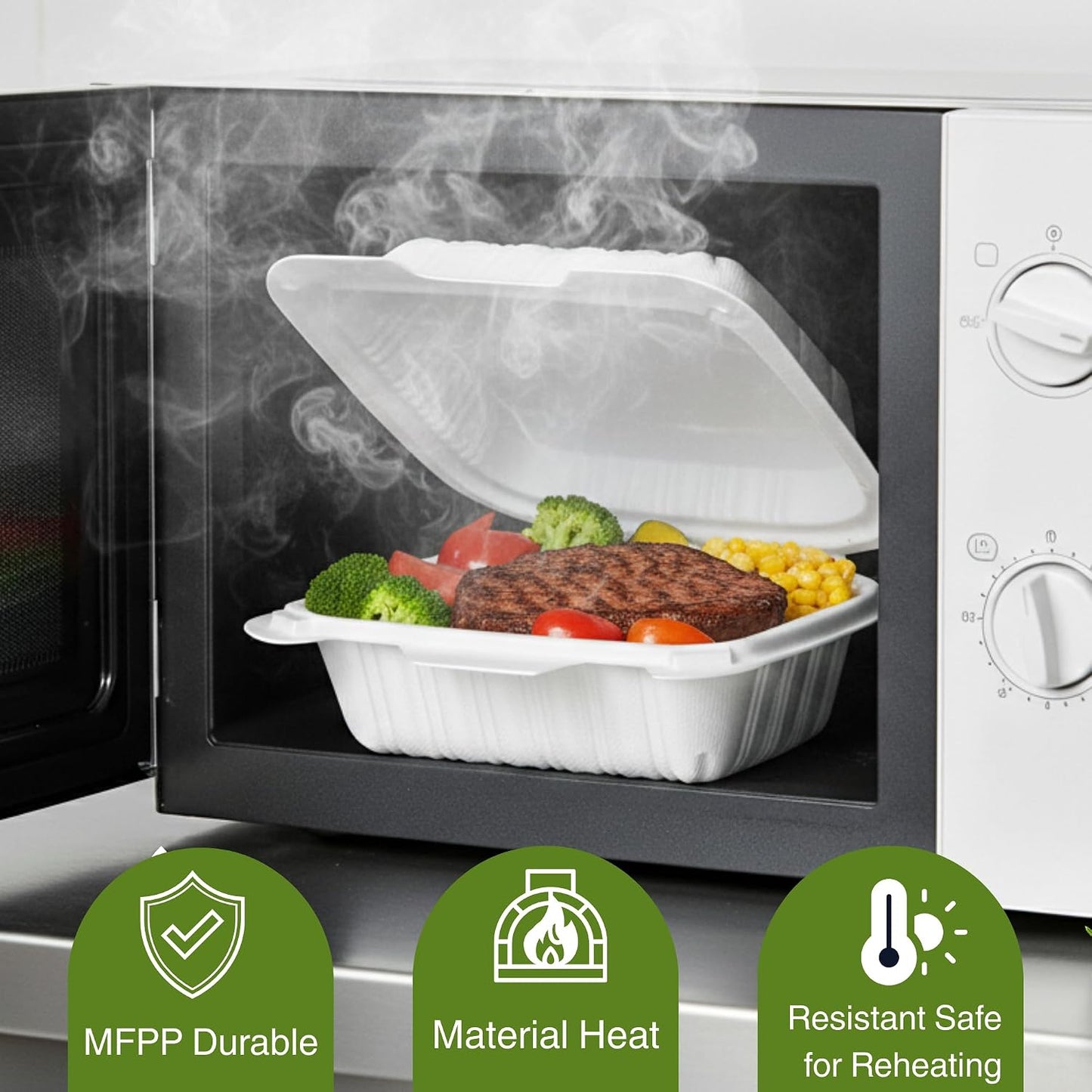 9x9 3-Compartment Hinged Vented Food Containers, 50 Pack – Clamshell Takeout Containers, Meal Prep Food Storage, 3 Compartment Food Containers, To Go Boxes & Cake Slice Box - Black