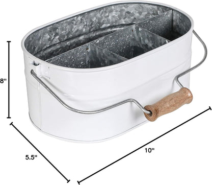 Alpha Living Home Galvanized Metal Utensil Caddy - Rustic Farmhouse Organizer Metal Garden Caddy with 4 Compartments and Wooden Handle for Kitchen, Buffet & Outdoor Events (Silver)