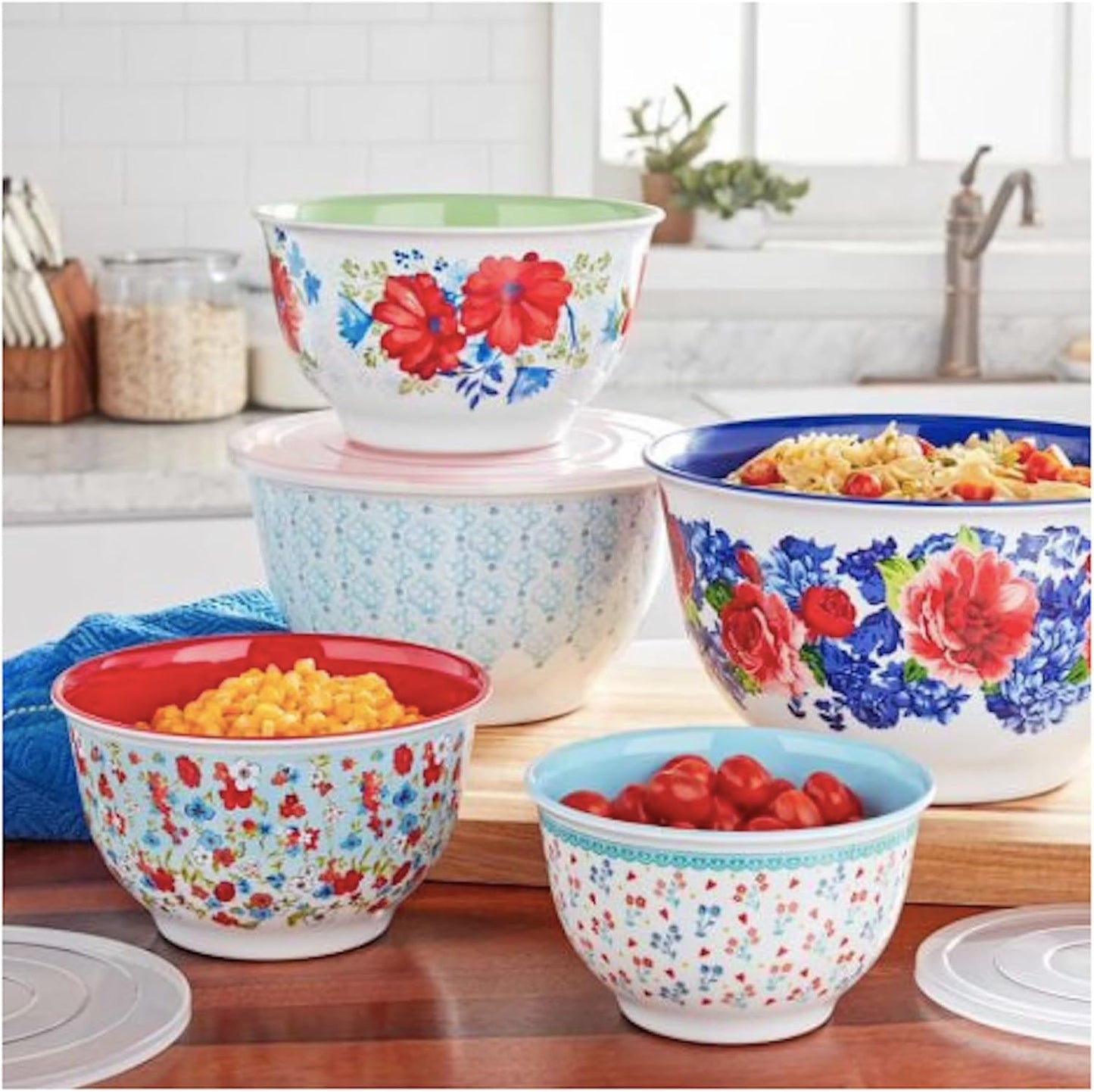 Pioneer Woman Floral Spring Bouquet Melamine Mixing Bowl Set, 10 Piece Set With Lids