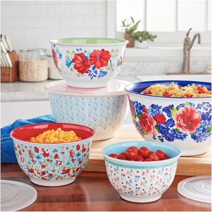 Pioneer Woman Floral Spring Bouquet Melamine Mixing Bowl Set, 10 Piece Set With Lids
