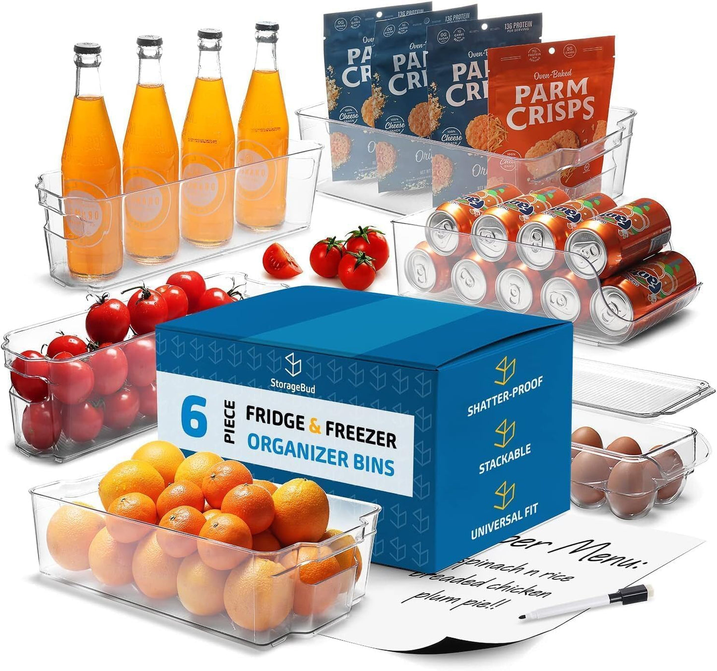 Hearth & Harbor 28 Piece Fridge Organizer Bins - Set of 16 Clear Bins with 8 Shelf Liners, 2 White Boards and 2 Markers - Stackable Containers With Handles