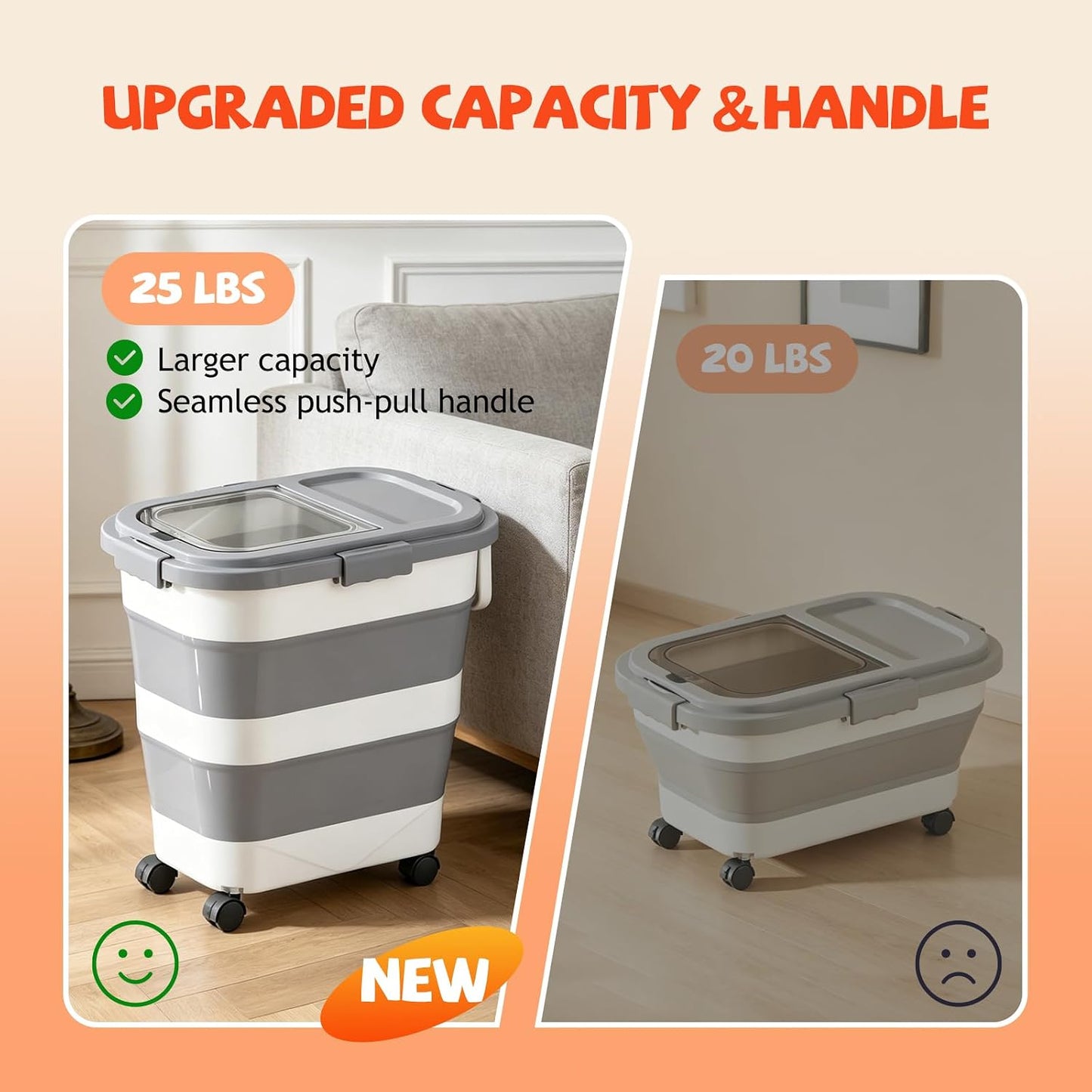 23-25-Liter Foldable Airtight Dog Food Container with Airtight Lid, Wheels, Handle, and Scoop; Large Cat Food Storage Bin; Pet Food Storage Container