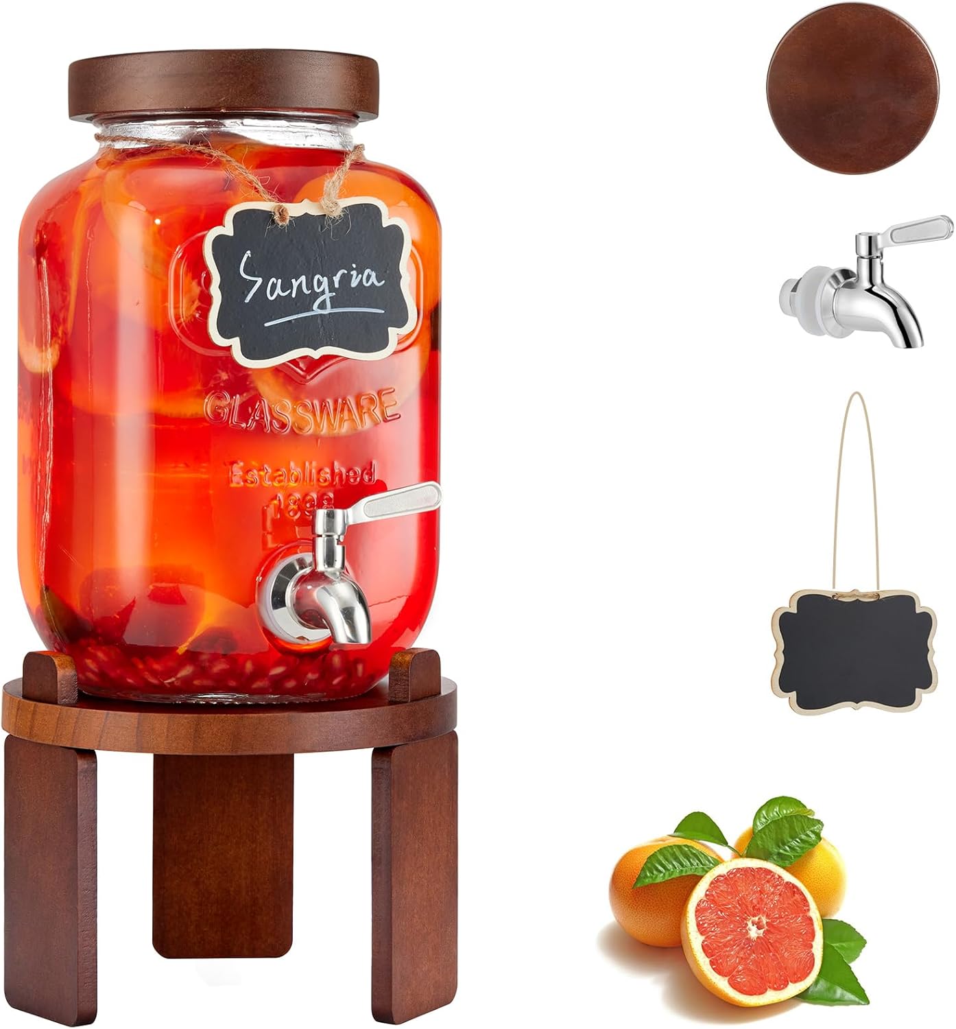 1 Gallon Drink Dispenser for Parties,Glass Beverage Dispenser with Stand,Water Dispenser with 18/8 Stainless Steel Spigot,Lemonade Stand Dispenser for Fridge,Juice,Punch,Cocktails,Ice Tea & Sun Tea