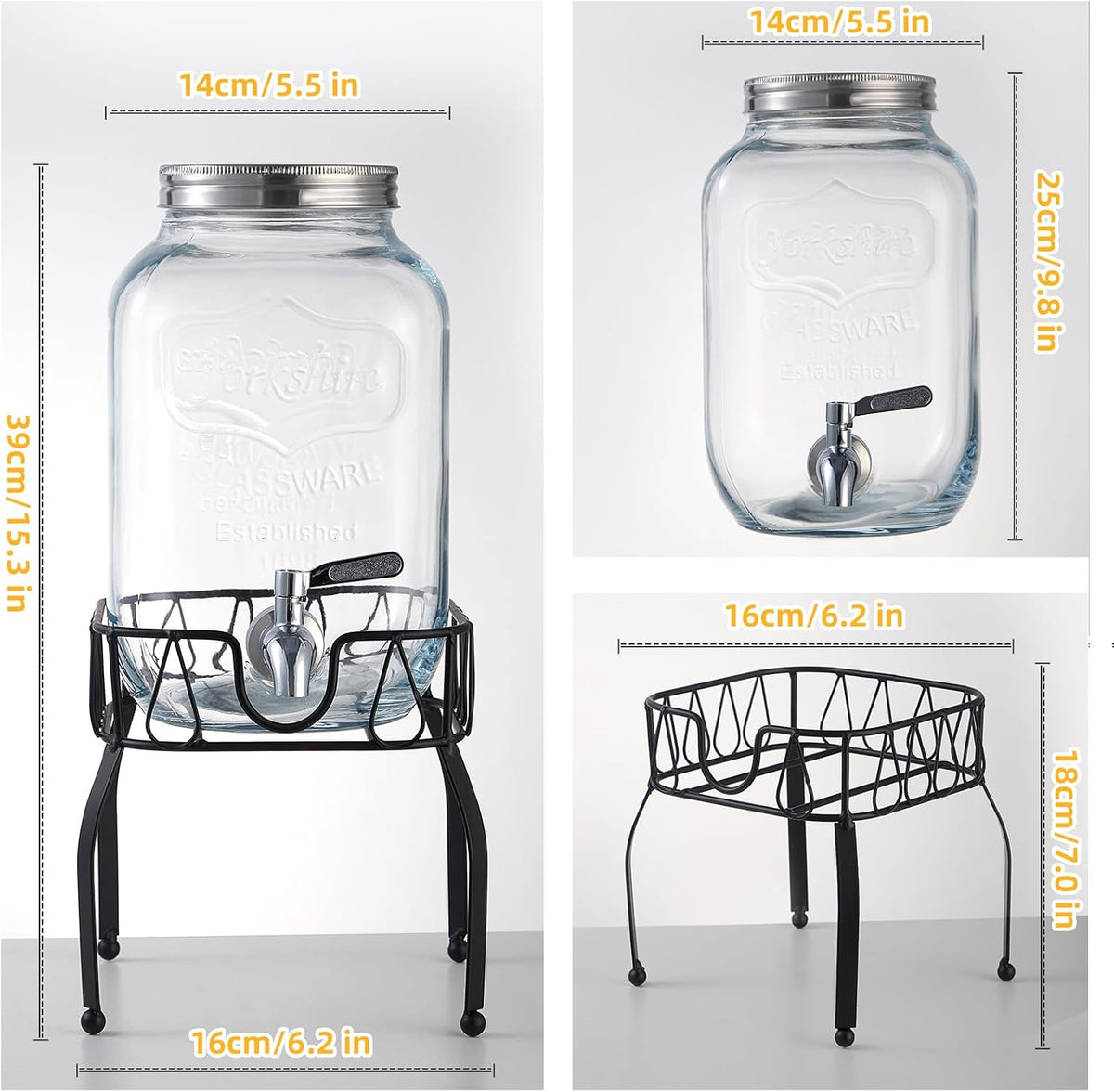 1 Gallon Glass Beverage Dispenser with Stand, Stainless Steel Spigot and Lid, Glass Drink Dispensers for Parties, Drink Dispensers with Lids for Lemonade Sun Tea Mason Jar