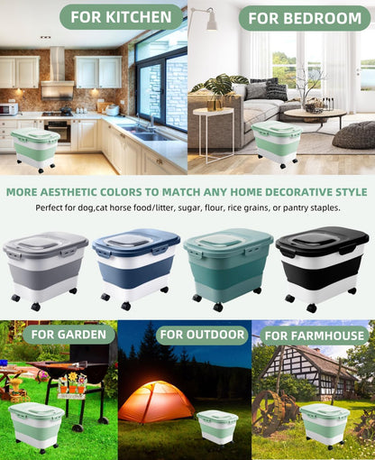 20-23 Lbs Dog Food Storage Container - Collapsible Dog Food Container with Attachable Casters and Scoop,Travel Silicone Bowl, Pet Food Storage Containers to Keep Dry Food Fresh,Easy to Move