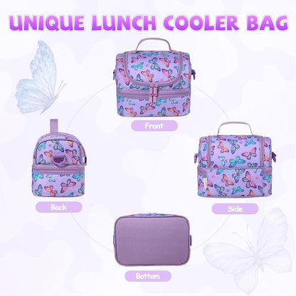 Lunch Bag for Girls,ChaseChic Insulated Lightweight Lunch Boxes for Kids Boys Dual Compartment Lunch Organizer Leak-Proof Cooler Bag with Detachable Adjustable Shoulder Strap,Purple Butterflies