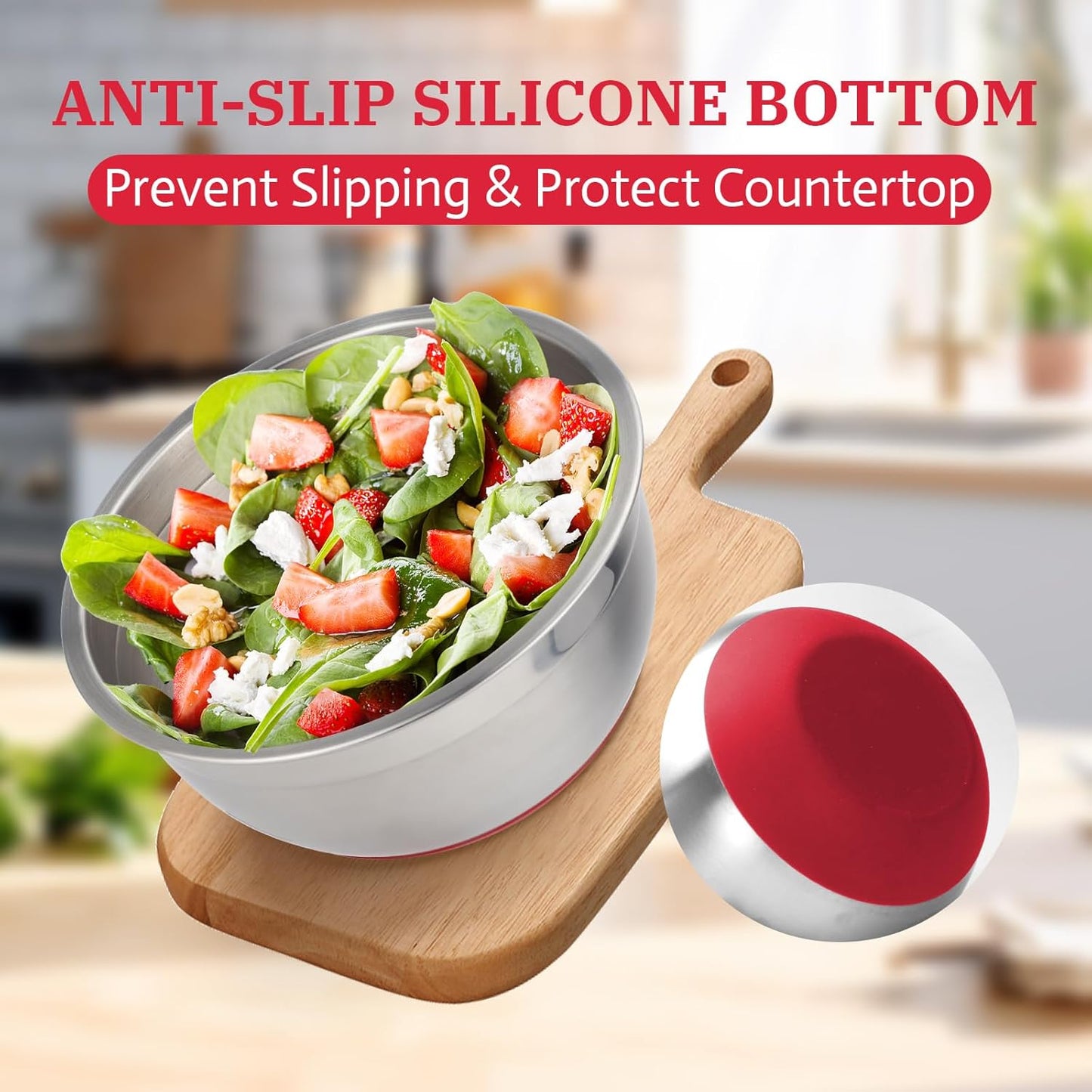 MARSKITOP Stainless Steel Mixing Bowls with Lids Set, Nesting Mixing Bowls with Airtight Lids, Measurement Marks and Red Non-Slip Bottoms, Great for Mixing and Serving, 3QT & 5QT