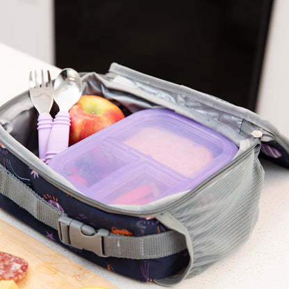 Bumkins Snack/Lunch Bento Box for Kids and Adults, 3 Compartment Container, Leak Proof Lid, for Portioning, Large Section Can Hold Sandwich, Food-Safe LFGB Platinum Silicone, Microwave-Safe, Pink