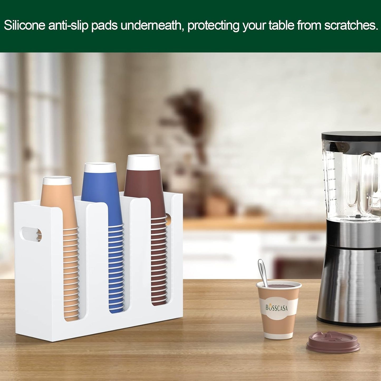 Disposable Coffee Cup Dispenser with Handles, Countertop or Wall Mount Hot/Cold Drink Cup and Lid Holder - Bathroom/Kitchen/Office Acrylic Cup Lid Storage Organizer (1 Compartment, Clear)