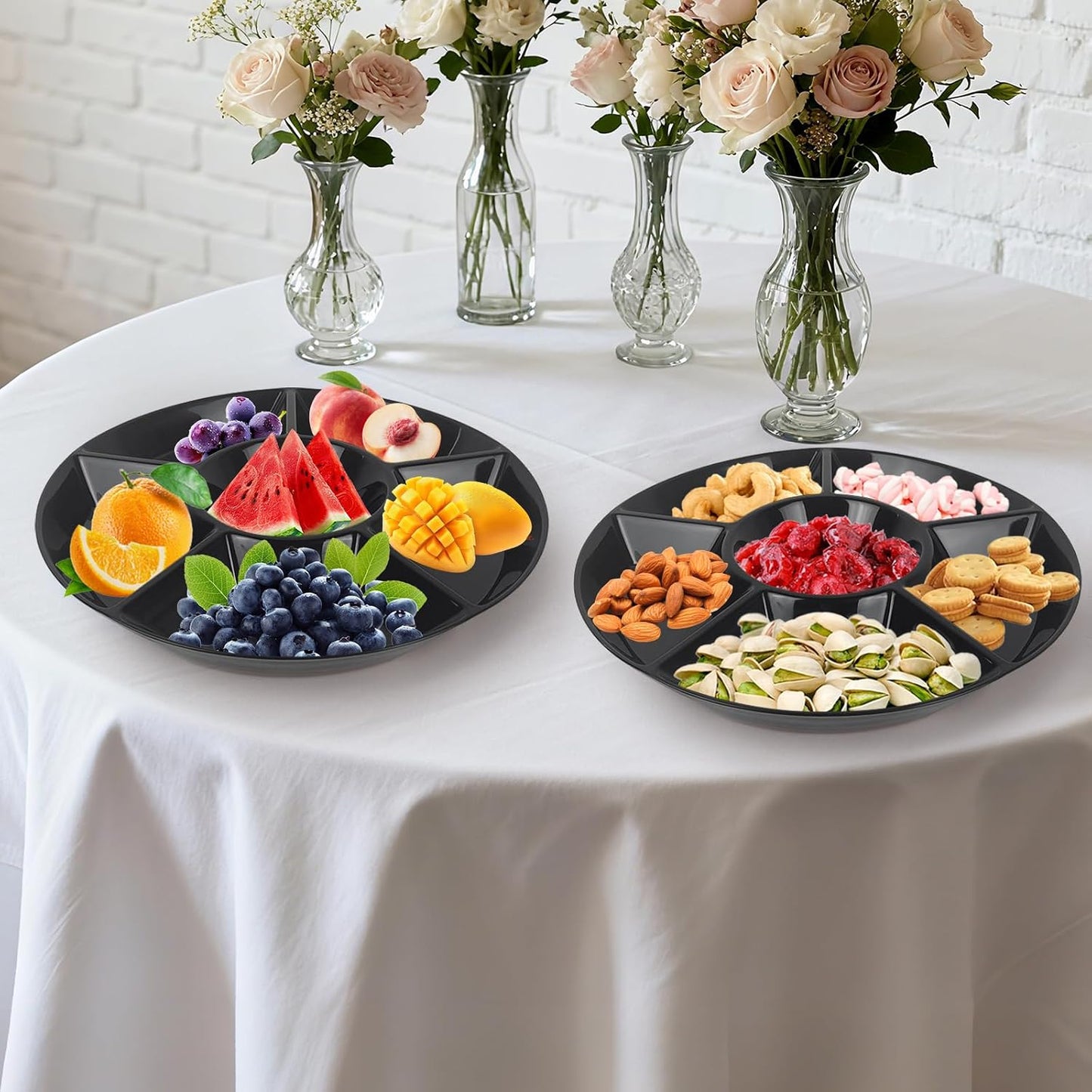 4 Pcs 12.4" Large Divided Serving Trays for Party Supplies, 6 Compartments Round Plastic Platters for Serving Food, Unbreakable Reusable Trays for Snack, Veggie, Fruit, Candy, White