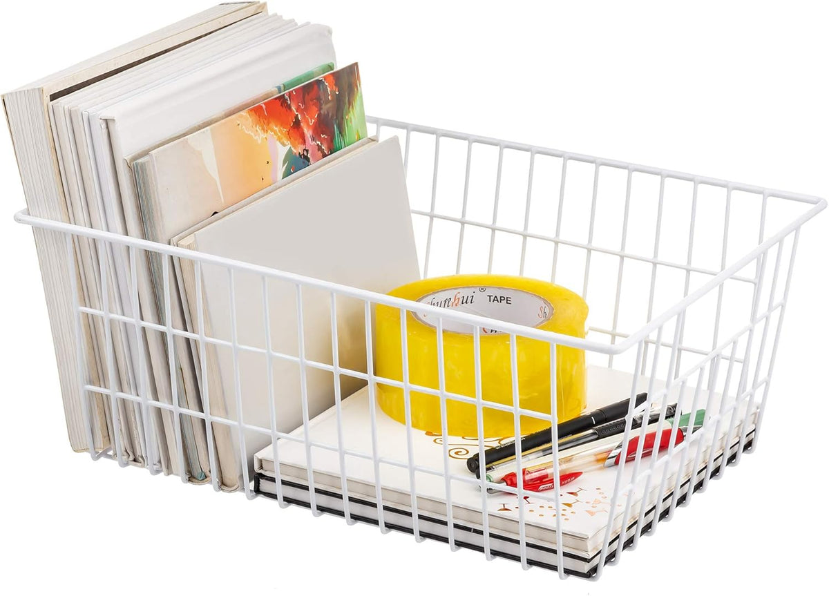 Redrubbit Wire Storage Baskets, Large Farmhouse Metal Freezer Basket Storage Organizer Bins with Handles for Kitchen Cabinets, Pantry, Closets, Bedrooms, Bathrooms, Set of 6, White