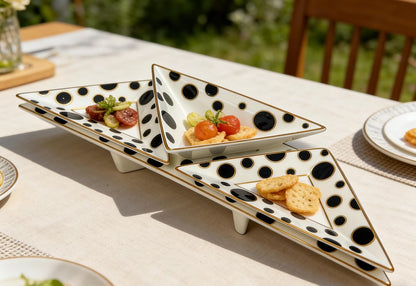 Porlien Triangle Porcelain Divided Serving Tray Set of 3 with Stand, Black and White Polka Dot Serving Platters, Small Plates for Desserts, Appetizers,Snacks, Fruits,Chips & Dip