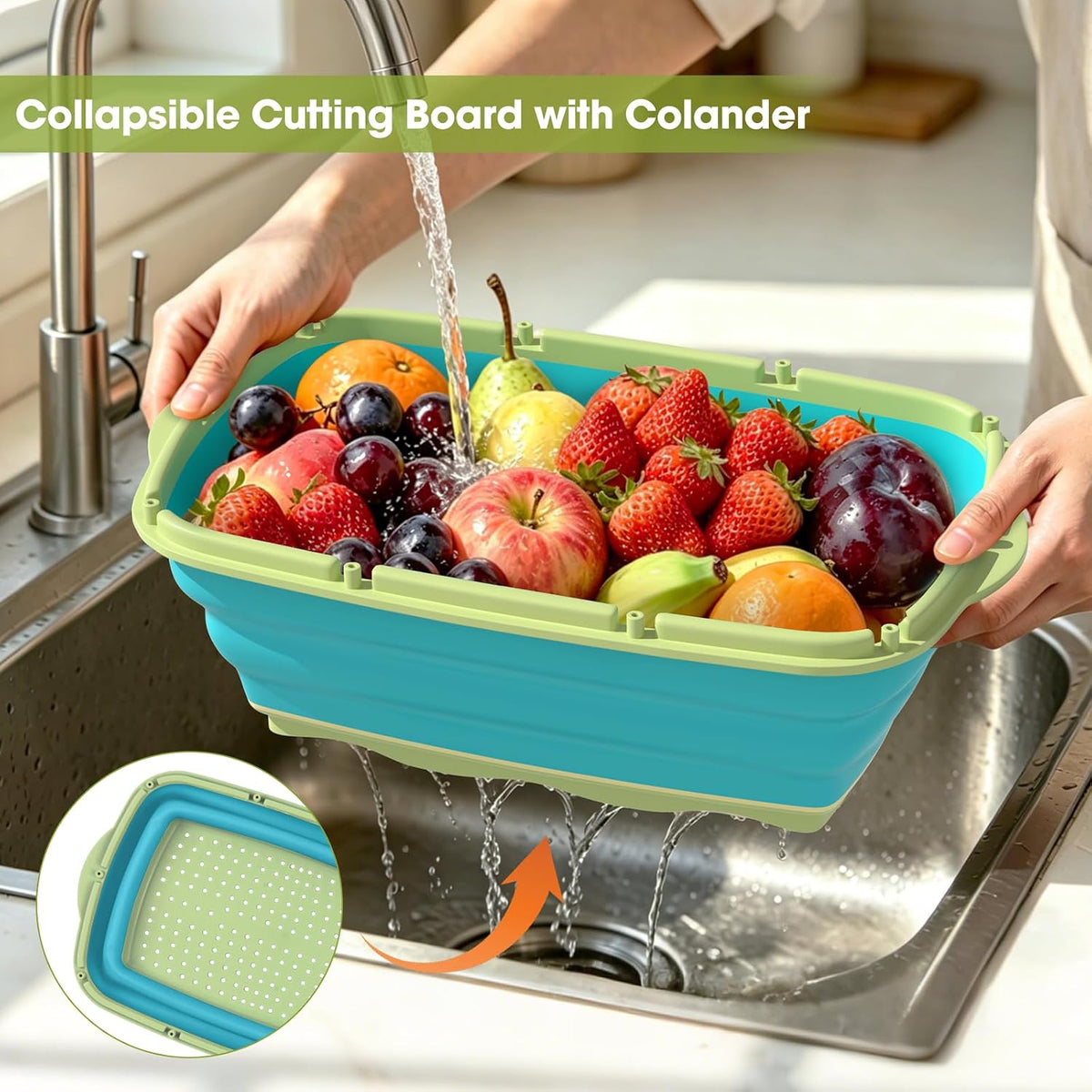 Gintan Collapsible Camping Cutting Board, 9-in-1 Chopping Board with Colander, Kitchen Vegetable Washing Basket for Camping, Camping Gifts Camping Accessories for RV Campers (Blue+Grey)
