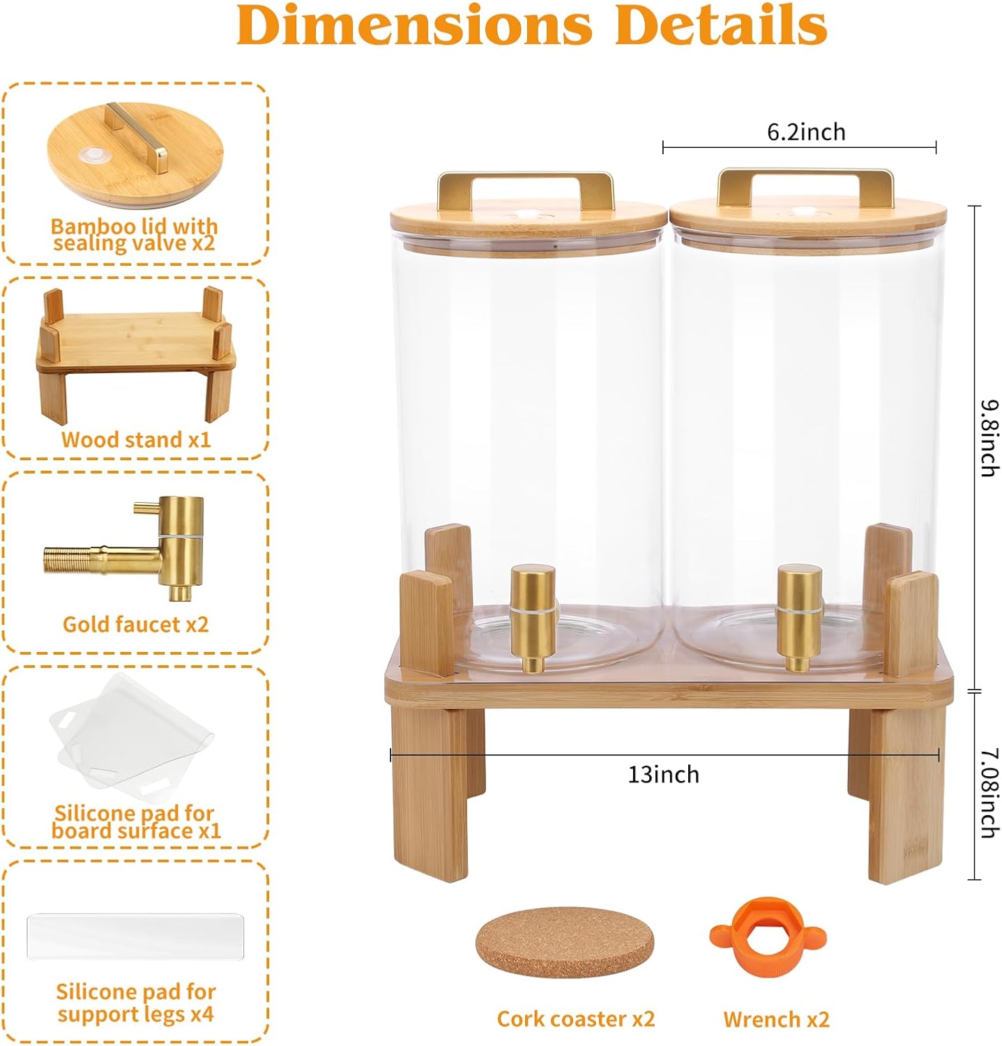1.5 Gallon 2 PACK Glass Drink dispenser, Beverage Dispenser With Wood Stand, Lemonade Dispenser with Airtight Valve and Stainless Steel Spigot,Drink Dispenser for Parties