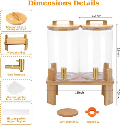 1.5 Gallon 2 PACK Glass Drink dispenser, Beverage Dispenser With Wood Stand, Lemonade Dispenser with Airtight Valve and Stainless Steel Spigot,Drink Dispenser for Parties