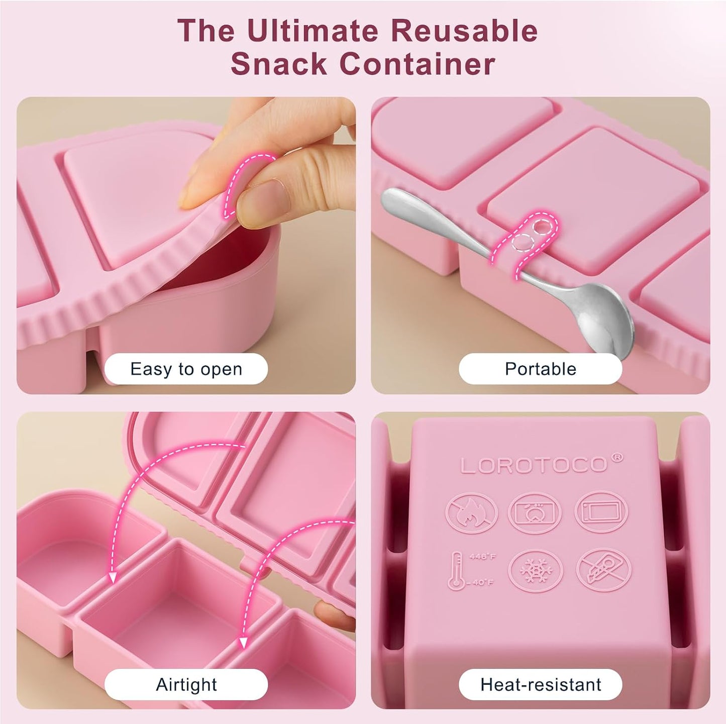 Silicone Reusable Snack Containers with Lids, 4 Pack 3 Compartment Bento Snack Boxes, Leakproof Food Storage Containers for Meal Prep, Lunch, Fruits, Kids & Adults, Dishwasher Safe