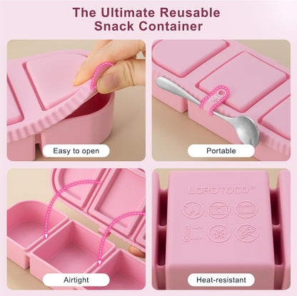 Silicone Reusable Snack Containers with Lids, 4 Pack 3 Compartment Bento Snack Boxes, Leakproof Food Storage Containers for Meal Prep, Lunch, Fruits, Kids & Adults, Dishwasher Safe