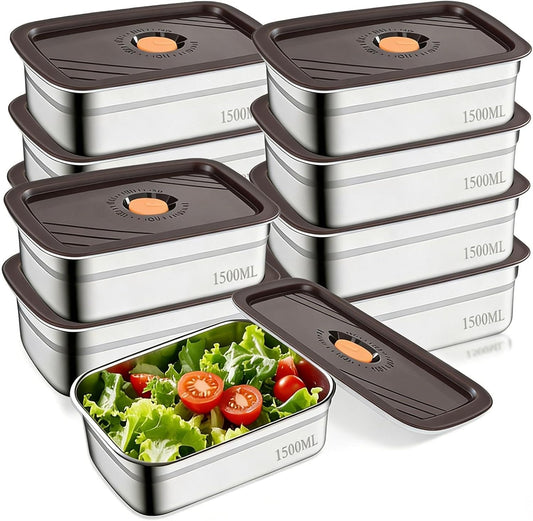 10PCS 50oz Stainless Steel Food Storage Containers with Airtight Lids, 1500ml Reusable Metal Meal Prep Container for Picnic Travel, Stackable Kitchen Lunch Snack Box, Freezer & Dishwasher Safe