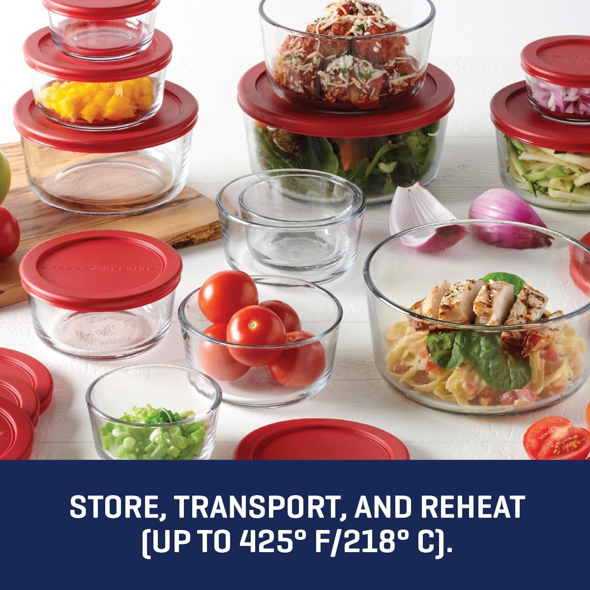 Anchor Hocking 12 Piece Glass Storage Containers with Lids (6 Glass Food Storage Containers & 6 Navy Blue SnugFit Lids)