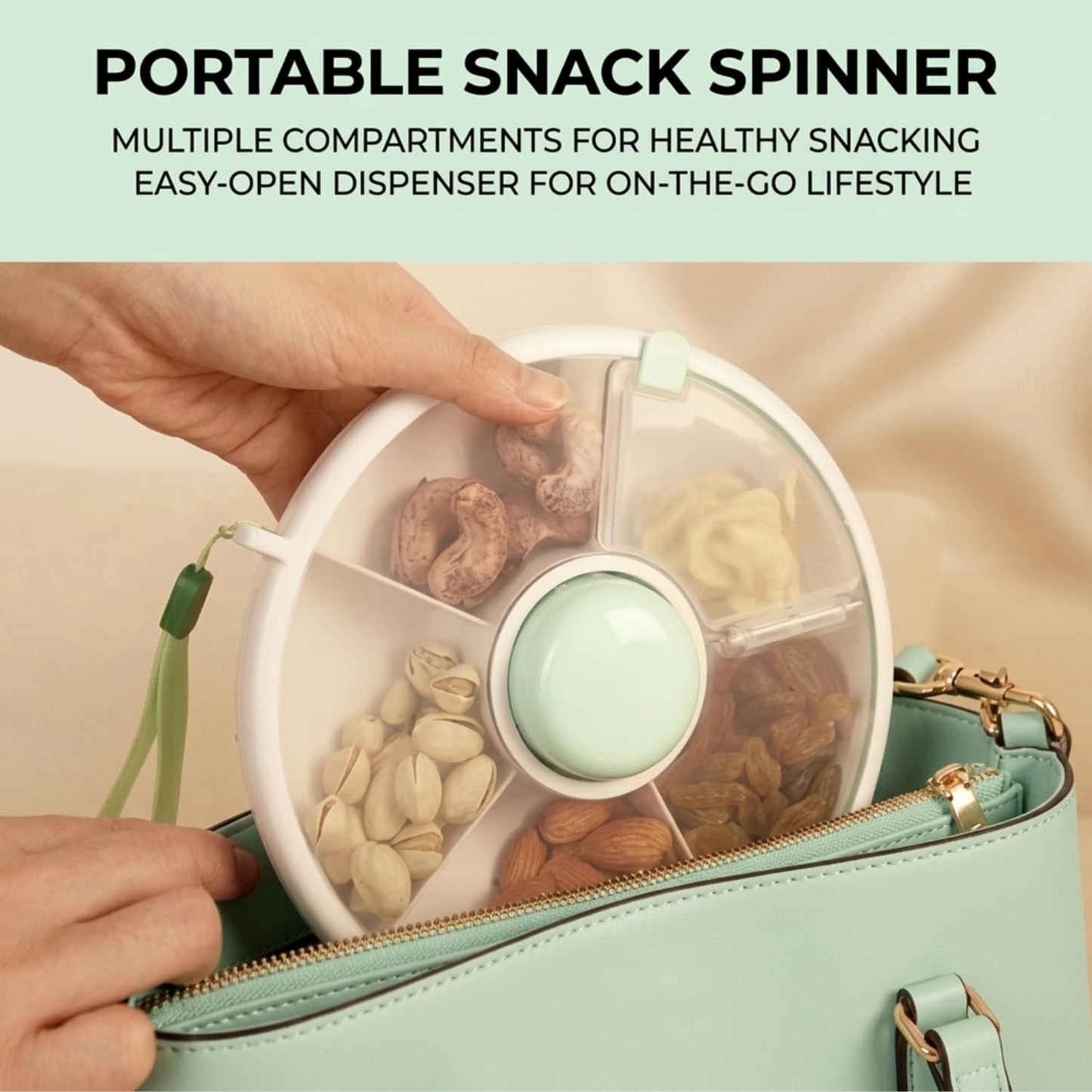 Proudy Portable Snack Spinner Bundle, Food Storage Container, Spinner Box with Rotating Storage, Reusable Kids Snack Container with 5 Compartment Dispenser and Lid, Spinner Box (Light Green)