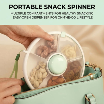 Proudy Portable Snack Spinner Bundle, Food Storage Container, Spinner Box with Rotating Storage, Reusable Kids Snack Container with 5 Compartment Dispenser and Lid, Spinner Box (Light Green)