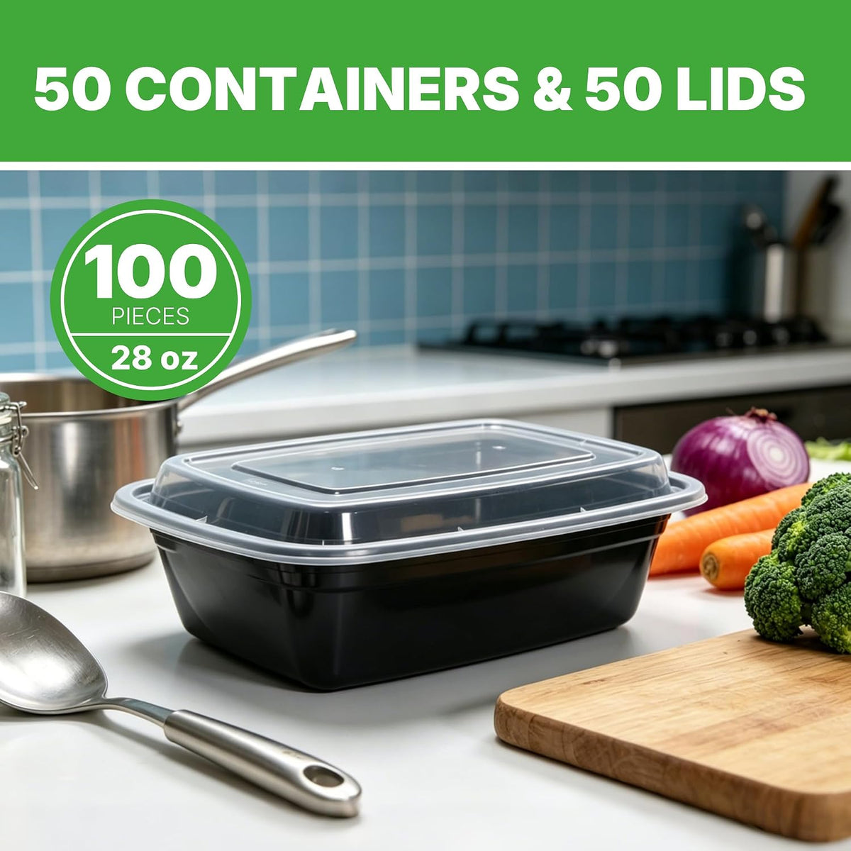 50 Pack (100-Piece) Meal Prep Containers with Lids, Reusable 2-Compartment Food Storage, Sturdy Leakproof, Food Safe, Microwave Freezer Dishwasher Safe, To-Go Takeout Plastic Containers – 60828