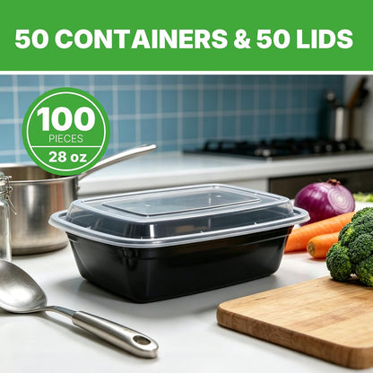 50 Pack (100-Piece) Meal Prep Containers with Lids, Reusable 2-Compartment Food Storage, Sturdy Leakproof, Food Safe, Microwave Freezer Dishwasher Safe, To-Go Takeout Plastic Containers – 60828