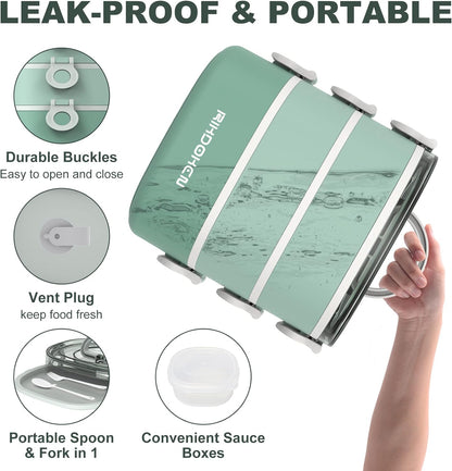RIKDOKEN Lunch Box, Stackable 3 Layers Containers, Portable 94OZ Large Capacity Leakproof Bento Box with Spoon & Fork & Sauce Boxes, Microwave Safe Lunch Box for Kids and Adults