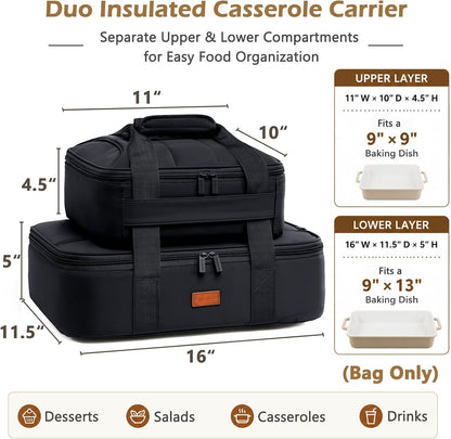 2-Piece Insulated Casserole Carrier Set, Fits 9" x 13" Baking Dish, Food Transport Carrier for Hot & Cold Dishes, Reusable Potluck Tote for Thanksgiving, Holiday Parties, Family Gatherings & Travel
