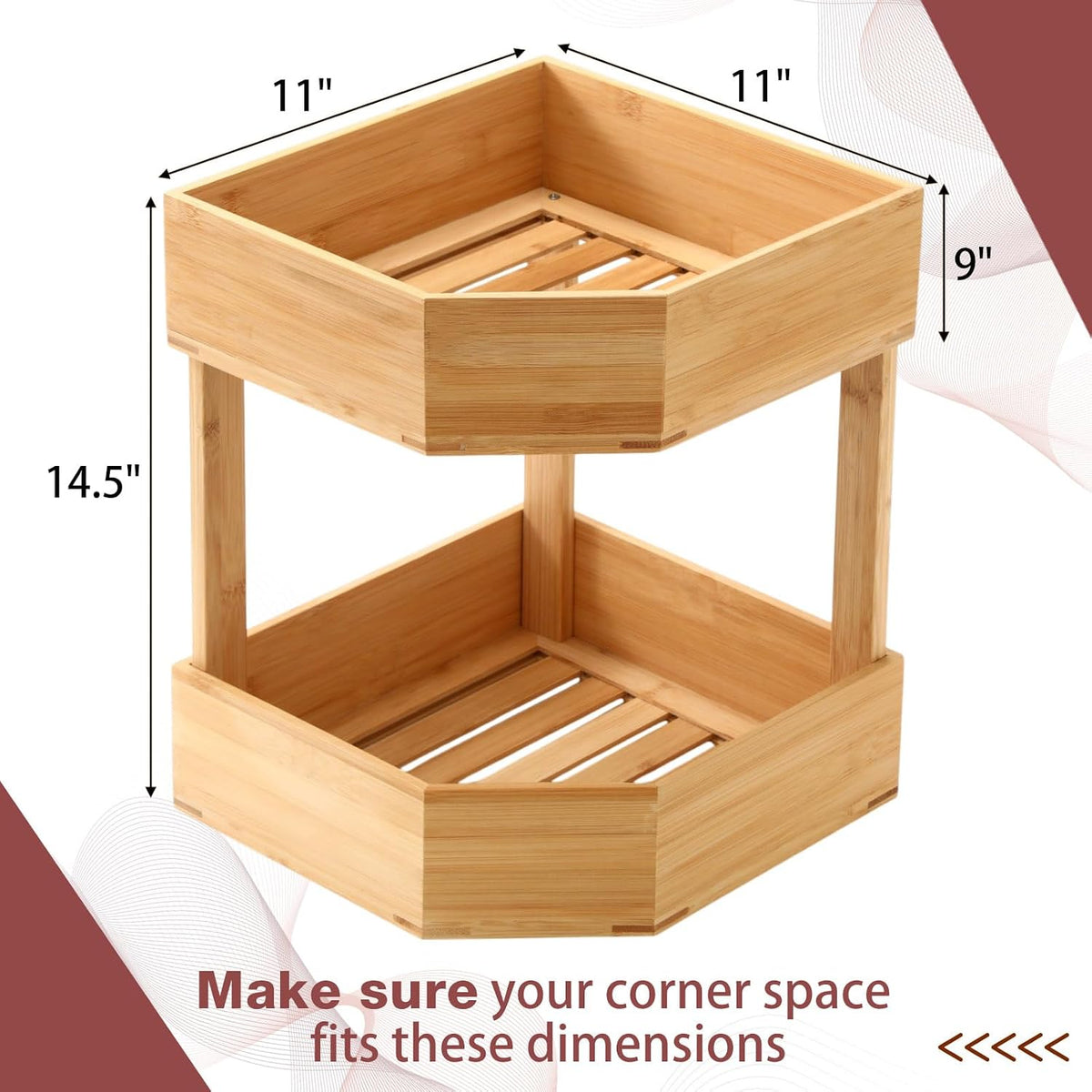 Yerliker 2 Tier Bamboo Corner Shelf Kitchen Fruit Cabinet Organizer Bamboo Corner Fruit Basket for Kitchen Countertop Rack Counter Pantry Storage for Vegetables Spice Plate (11 x 11 x 7.5 Inch)