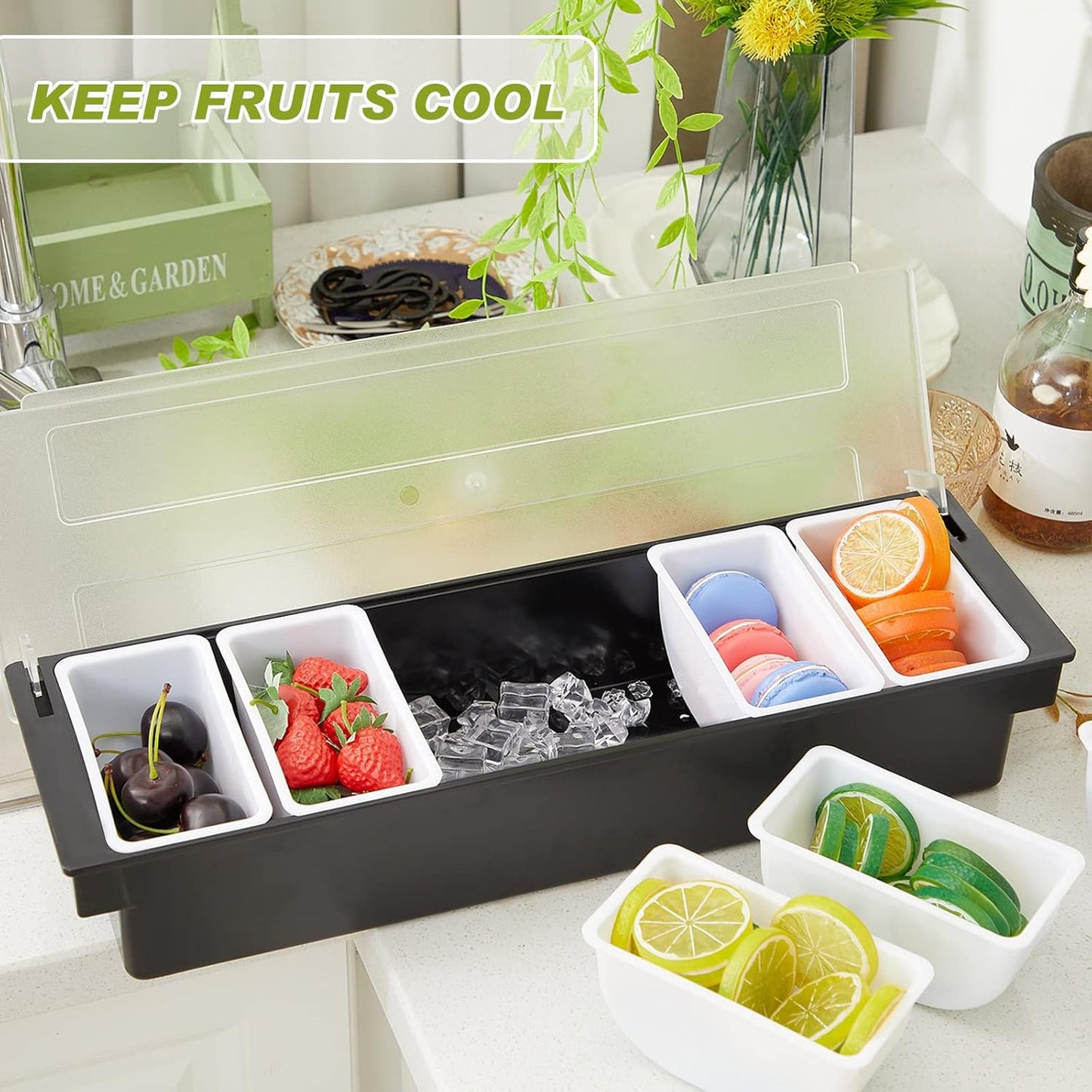2 Pcs Bar Fruit Caddy with Lid Salad Condiment Server Black Plastic Garnish Tray Ice Chilled Condiment Caddy for Home Restaurant Bartending Serving Veggie Taco Salad Party Supplies(6 Compartments)