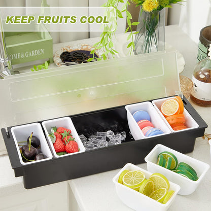2 Pcs Bar Fruit Caddy with Lid Salad Condiment Server Black Plastic Garnish Tray Ice Chilled Condiment Caddy for Home Restaurant Bartending Serving Veggie Taco Salad Party Supplies(6 Compartments)