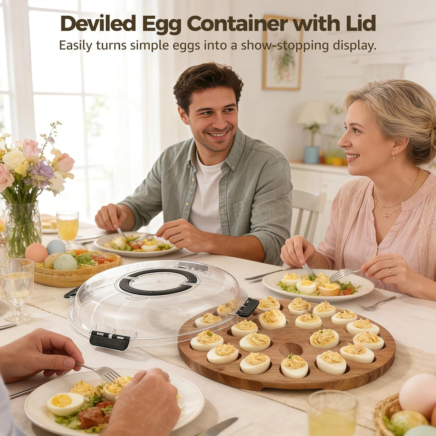 24-Slot Deviled Egg Tray With Lid And Handles, Wooden Food Carrier For Parties, Locking Cover Included