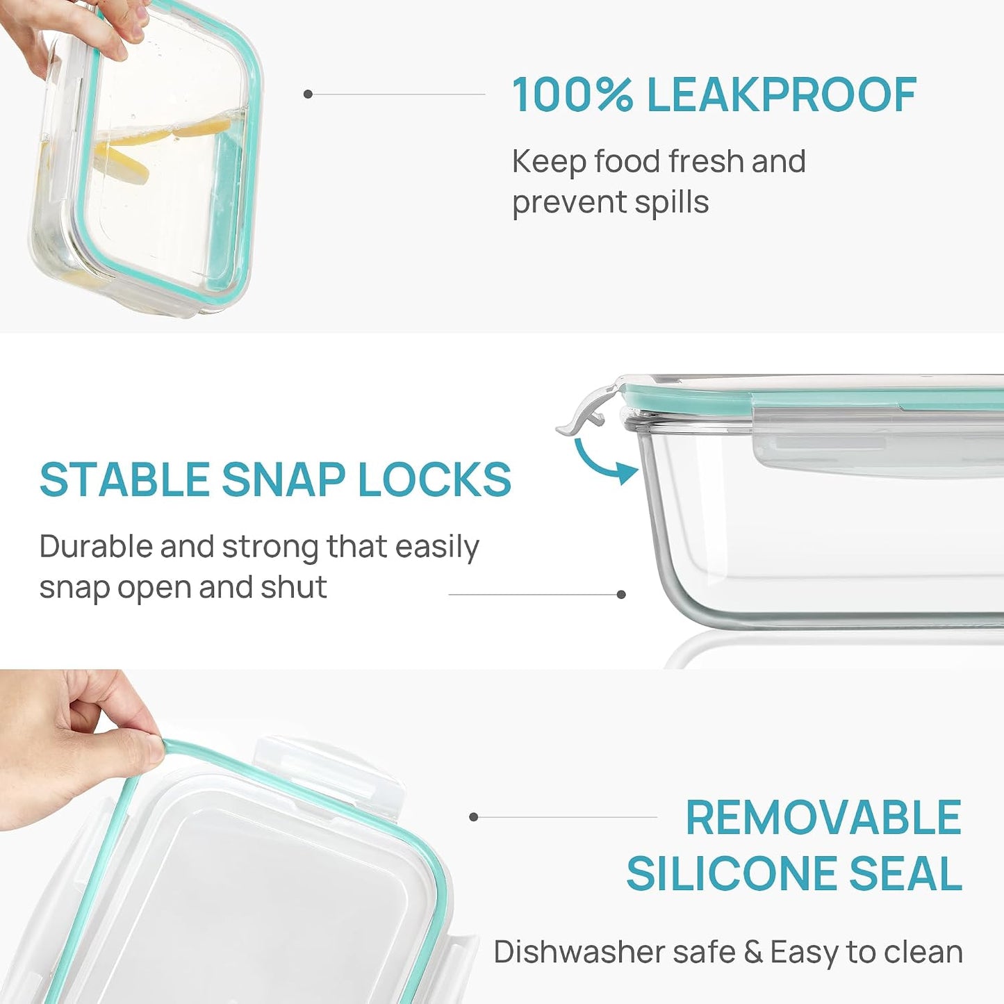 Vtopmart 2Pack 2260ml/ 76.4oz Large Glass Containers Food Storage with Lids, Meal Prep Food Container Set with Snap Airtight Lid for Baking, Microwave, Oven, Leak Proof, for Freezer, Dishwasher, Green