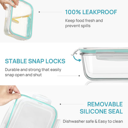 Vtopmart 2Pack 2260ml/ 76.4oz Large Glass Containers Food Storage with Lids, Meal Prep Food Container Set with Snap Airtight Lid for Baking, Microwave, Oven, Leak Proof, for Freezer, Dishwasher, Green